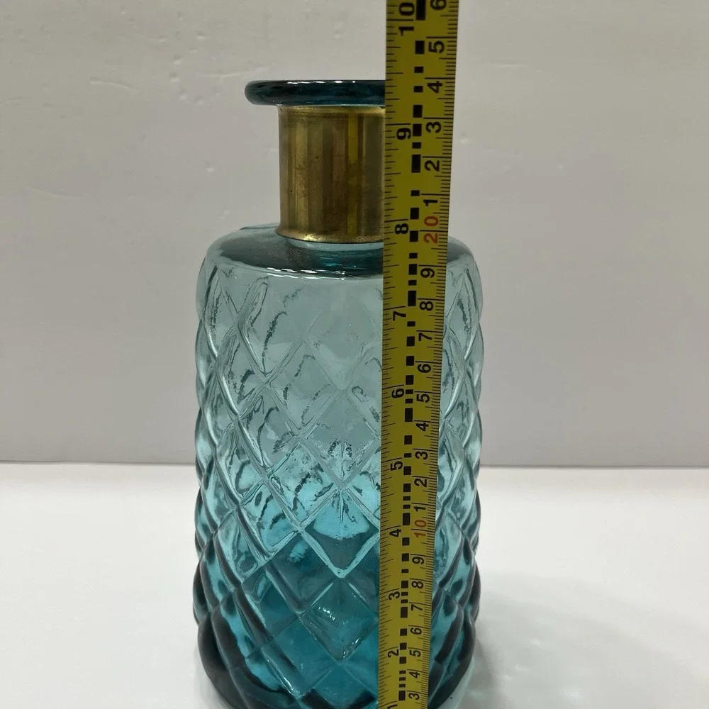 Decorative Teal Vase Diamond Patterned Glass Gold Toned Collar 9.5x4